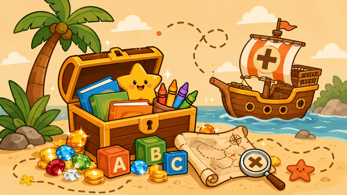 Playful treasure chest filled with books, crayons, and ABC blocks