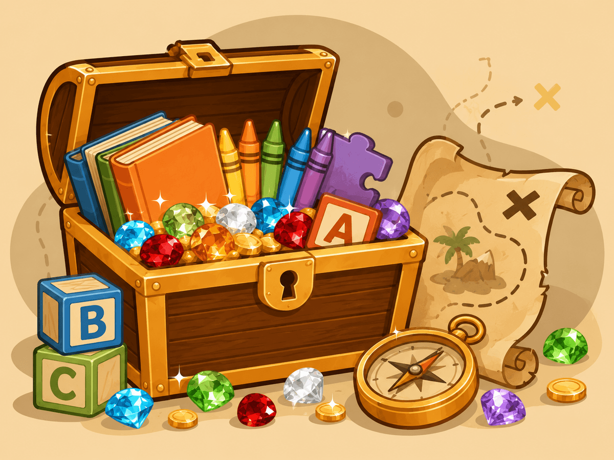 Treasure chest overflowing with books, crayons, gems, and learning tools