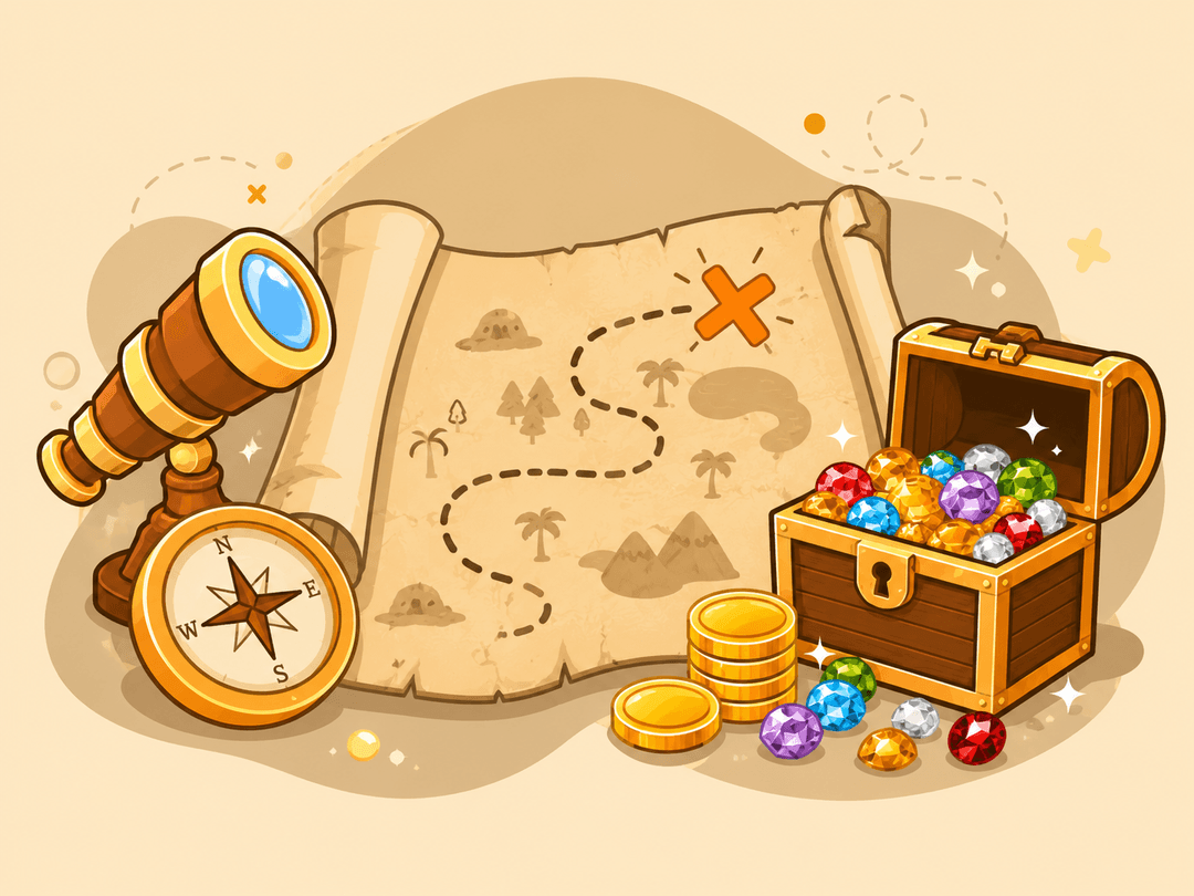Treasure map, compass, and adventure tools